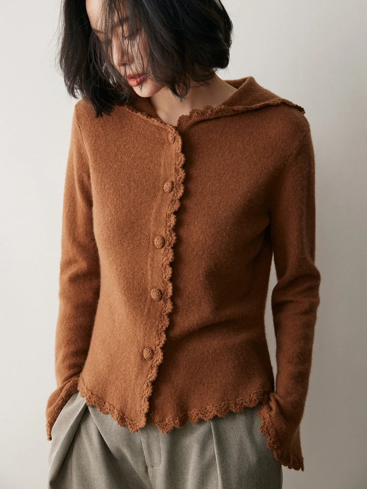 

Женский кашемировый свитер-кардиган с капюшоном, осенне-зимний, 100% кашемир, тонкий трикотаж, женский стиль, с кружевными расклешенными рукавами, женская одежда