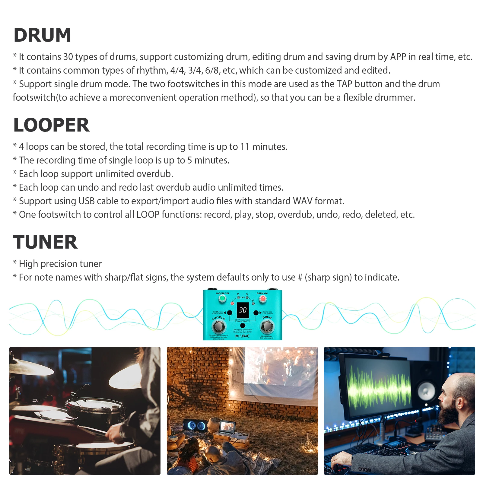 M-VAVE efek TEMPO hilang Pedal Drum & Looper efector Mini, mesin Looper & Drum 2-in-1 Looper Pedal Looper kaki ganda