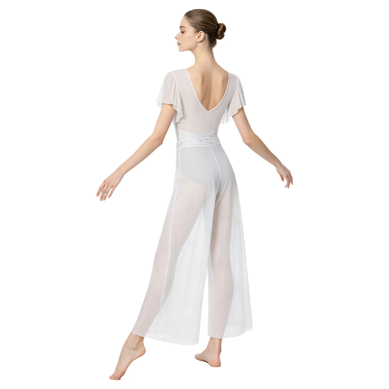 Womens Modern Lyrical Dance Costume Ruffled Sleeves Rhinestones Leotard with Wide Leg Pants for Ballet Gymnastics Performance