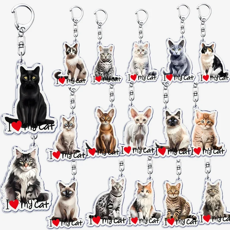 I Love My Cat Acrylic Keychain for Accessories Bag Cute Black Maine Coon Cat Pendant Key Chain Ring Keyring Jewelry Pets Gifts