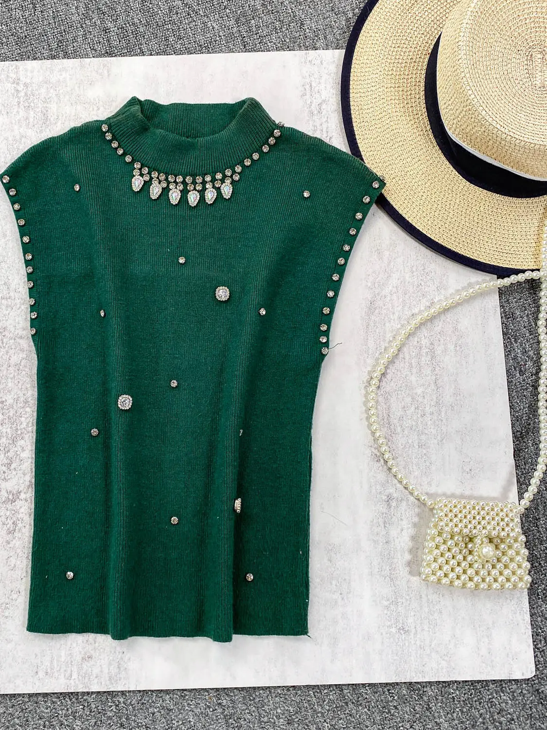 

Slim Fit Knitted Vest Heavy Embelliment Diamond f High Collar Women's Faion 2025 New Sle Commute Sle Color