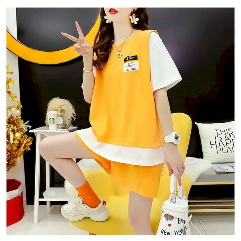 

Sporty Shorts Sets Korean Style Casual Half Sleeve Fake Two Pieces T-shirt 2 Piece Sets Women Outfits Summer Sportswear Suits