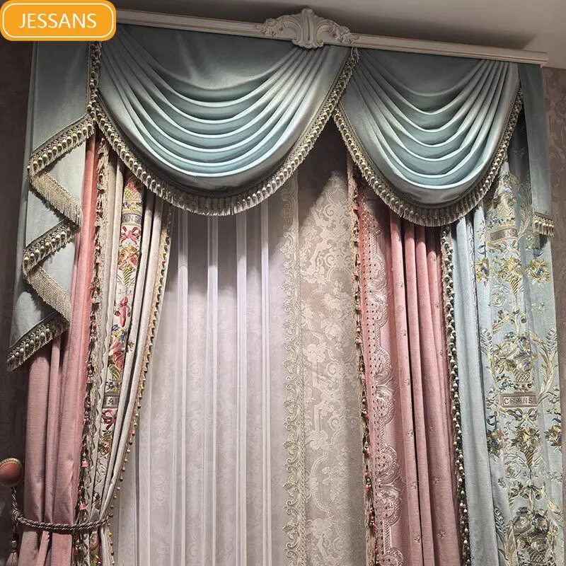 French Pink Embroidered Beige Patchwork Velvet Curtains for Living Room Bedroom Partition Curtains Villa Custom Embroidered