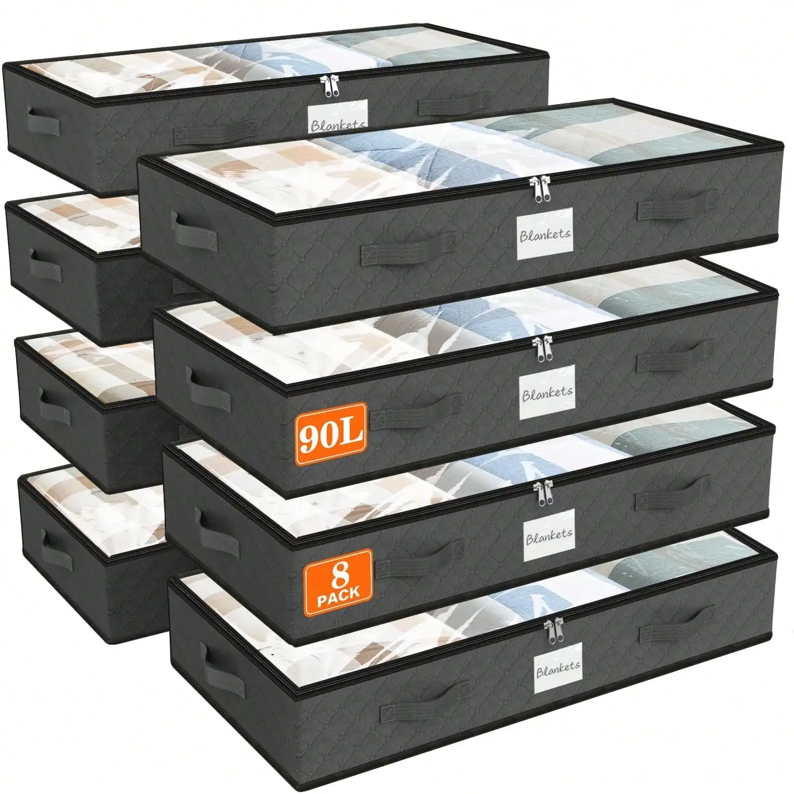 กล่องเก็บของใต้เตียง SpaceWhisper 8 ชิ้น ขนาด 90 ลิตร สีเทา - ฝาใสพับได้พร้อมช่องใส่ป้าย