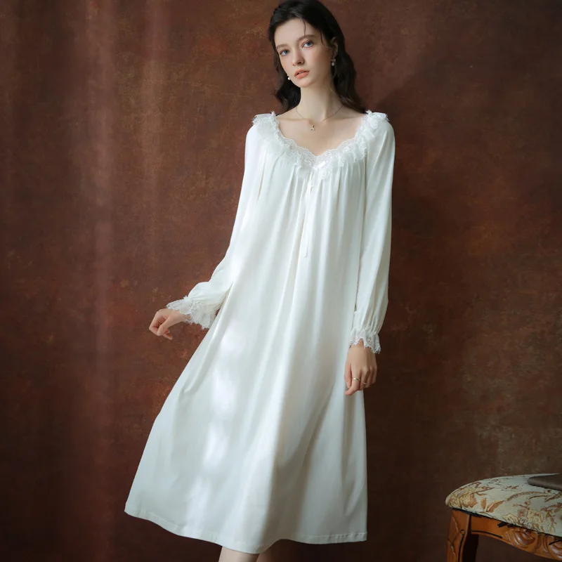 

2025 Autumn Retro Nightgown Women V-neck Home Wear Cotton Palace Lace Princess Long Pajamas Sweet Sleepwear Bow Loose Loungewear
