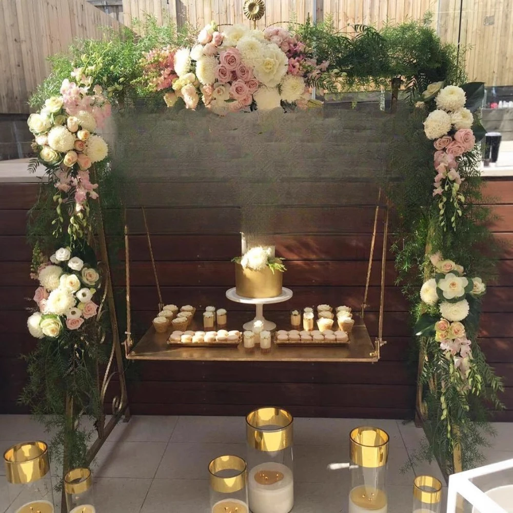 

Modern Gold Iron Art Hanging Chair Luxury Outdoor Swing Wedding Party & Hot Sale Cake Display Stand Garden Decoration