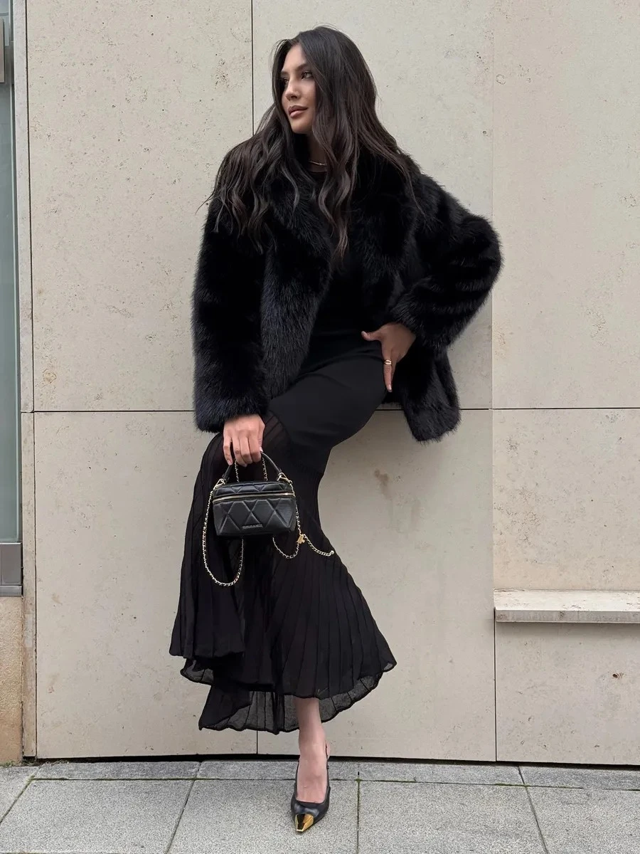 2026 Autumn Winter Women Faux Fur Jacket Lapel Collar Fluffy Long Hair Belted Open Front Short Coat Black