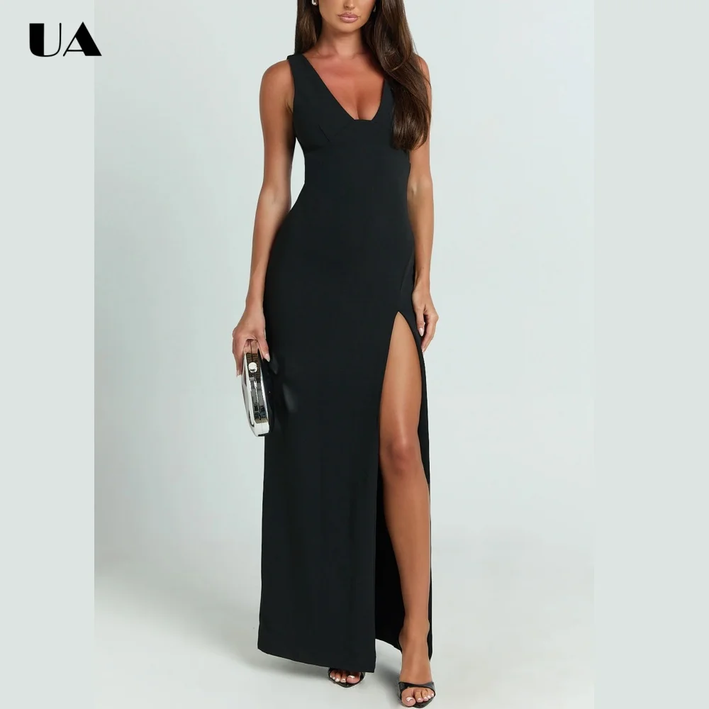 ULBYANRY Sexy Backless High-slit Prom Dress for Woman, Simple Solid V-neck Evening Dress, Customized Sleeveless Long Party Dress