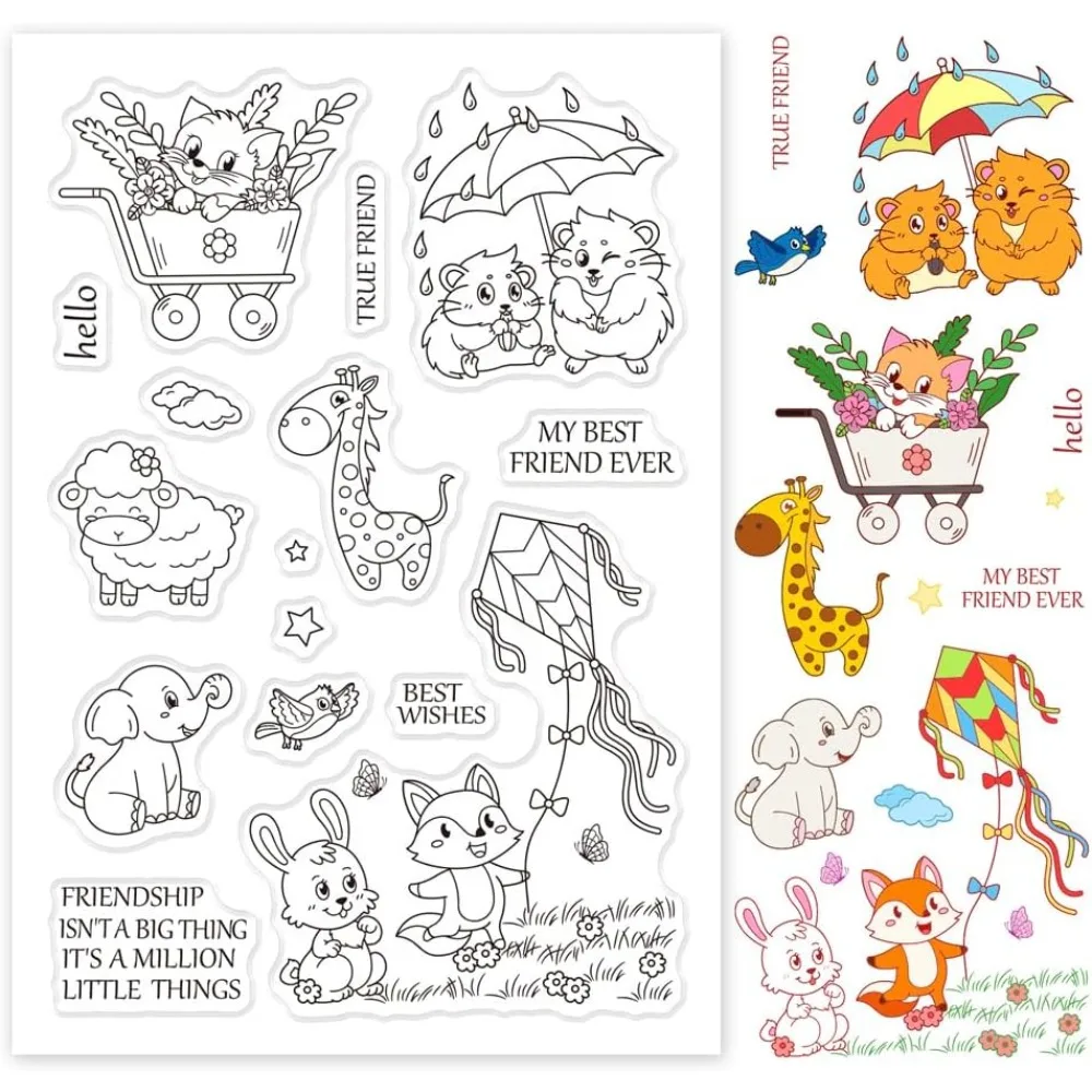 Animals Silicone Clear Stamps Cat Guinea Sheep Deer Hamster Elephant Rabbit Fox Making Kite Transparent Stamps for Making Kit