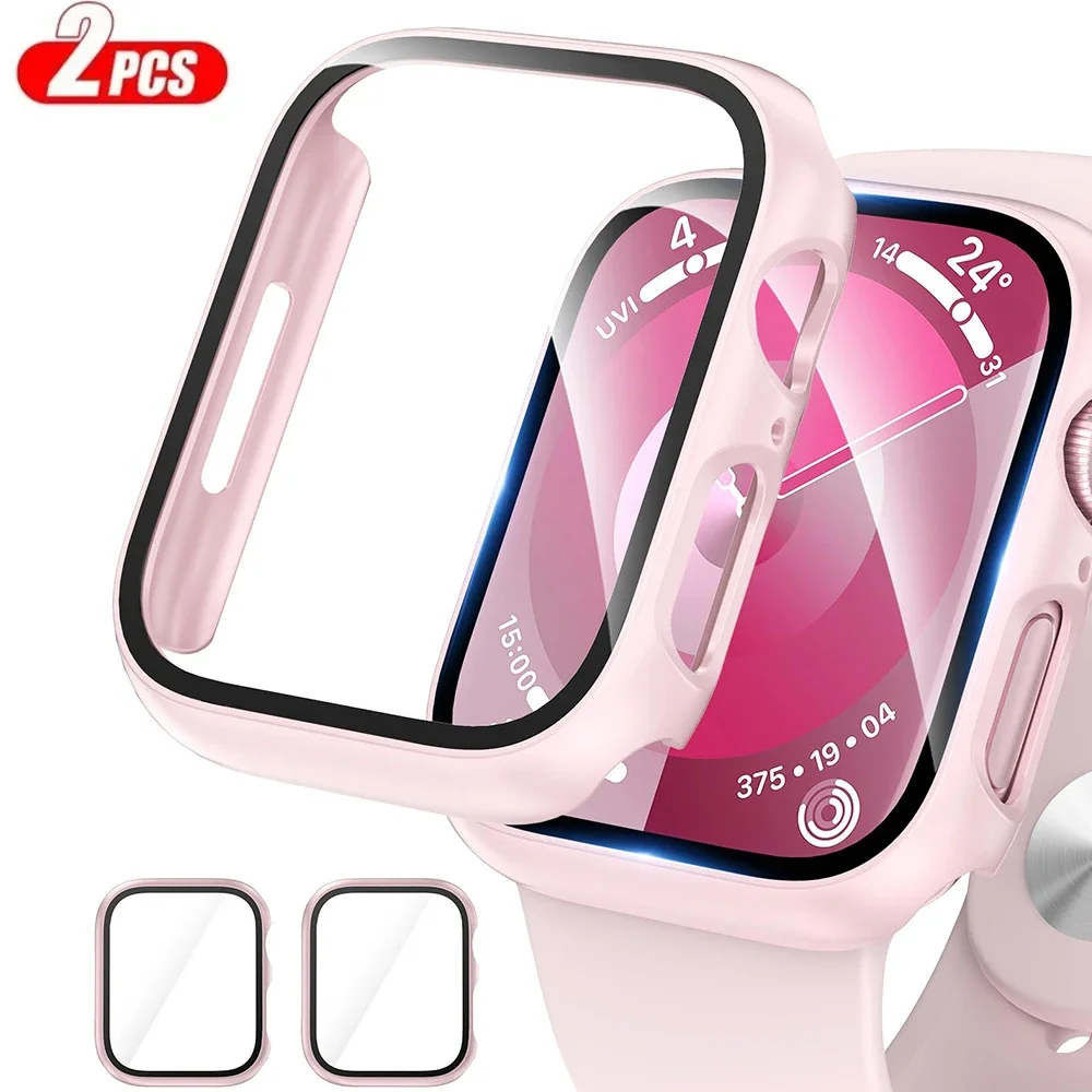 2 Stück gehärtetes Glas + Abdeckung für Apple Watch-Gehäuse 45 mm 41 mm 44 mm 40 mm 42 mm Displayschutzfolie Iwatch Serie 9 4 5 6 SE 7 8 Zubehör