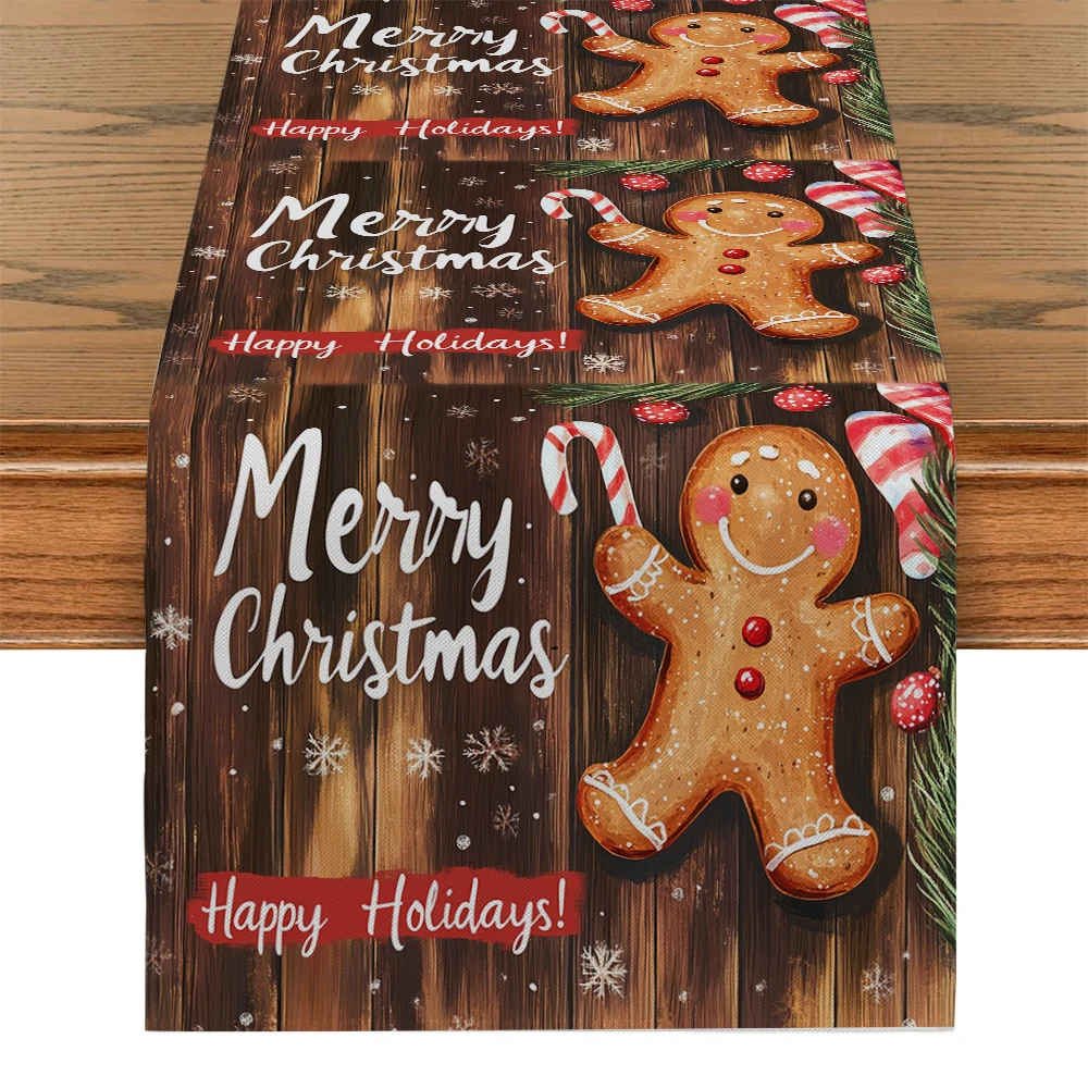 Christmas Gingerbread Man Wooden Candy Table Runners Dresser Table Decor Washable Kitchen Dining Coffee Table Runner Party Decor