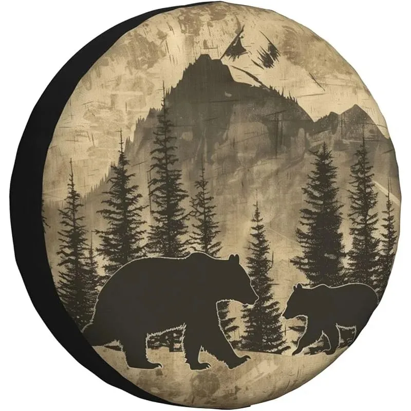 Bear Mama and Cub Walking in Mountains Forest Spare Tire Cover Waterproof Polyester Protector