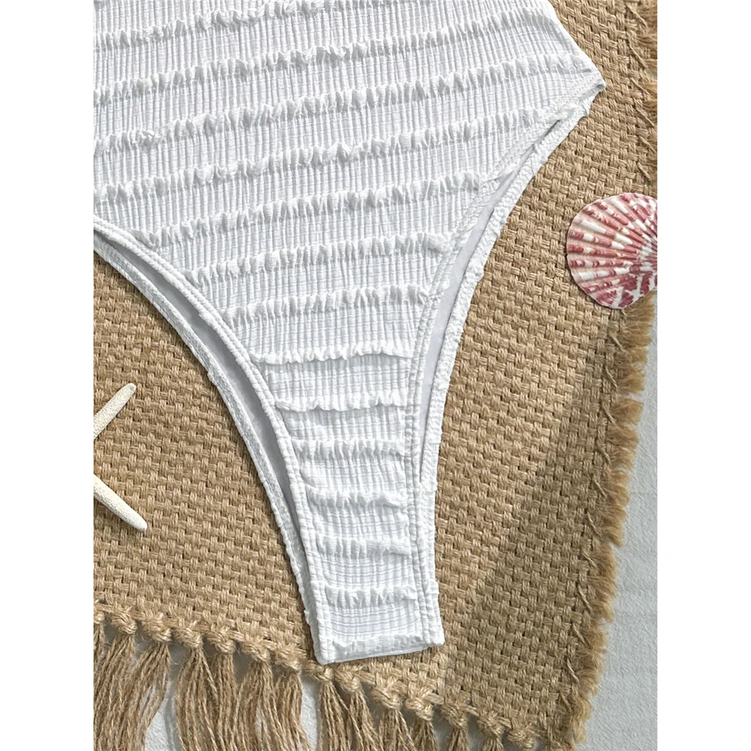Neuer einteiliger Badeanzug mit V-Ausschnitt und Neckholder, bedruckt mit Seesternmotiv, Damen-Badebekleidung, Damen-Badeanzug mit gerafftem, hoch geschnittenem Beinausschnitt, Badeanzug, Modell V8431. – Detail 9