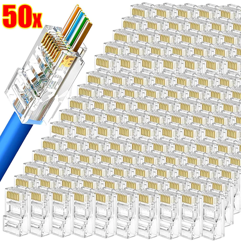1-50Pcs Pass Through RJ45 Cat7/Cat6/Cat5 Gold-Plated 8P8C Crimp UTP Ethernet Modular Plug Shielded Connectors Crystal End