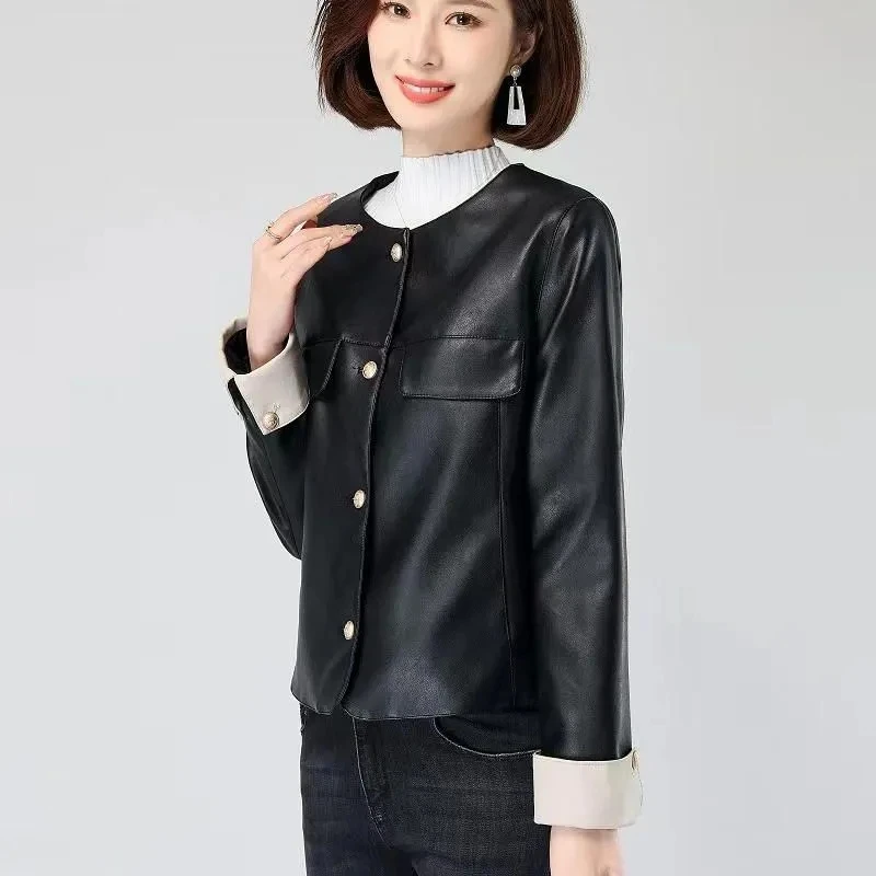 Casacos femininos com gola redonda elegante e versátil, estilo pequeno e perfumado, jaqueta de couro de alta qualidade