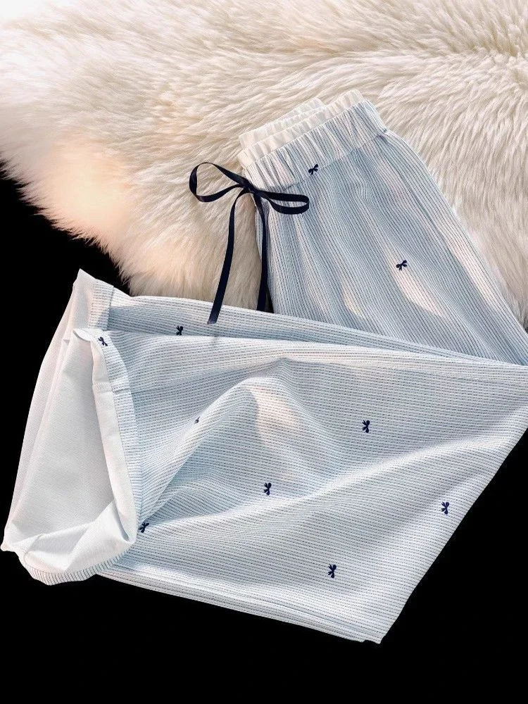 스윗 보우 스트라이프 팬츠 여성 하이웨이스트 한국 캐주얼 와이드 레그 트라우저 우아한 패션 루즈 귀여운 여성 봄 바지 신상