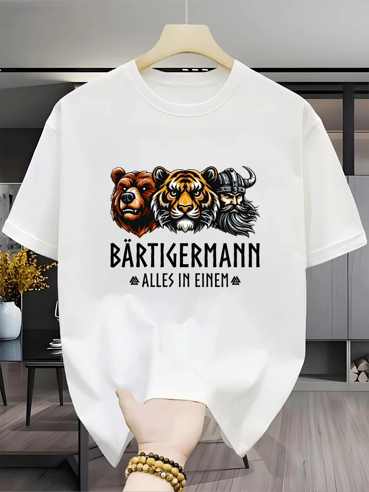 Men'S Fashion Round Neck T-Shirt, 3-In-1 Fun Print Bear, Tiger, And Viking Creative Pattern, Individual Power Style Daily Commu