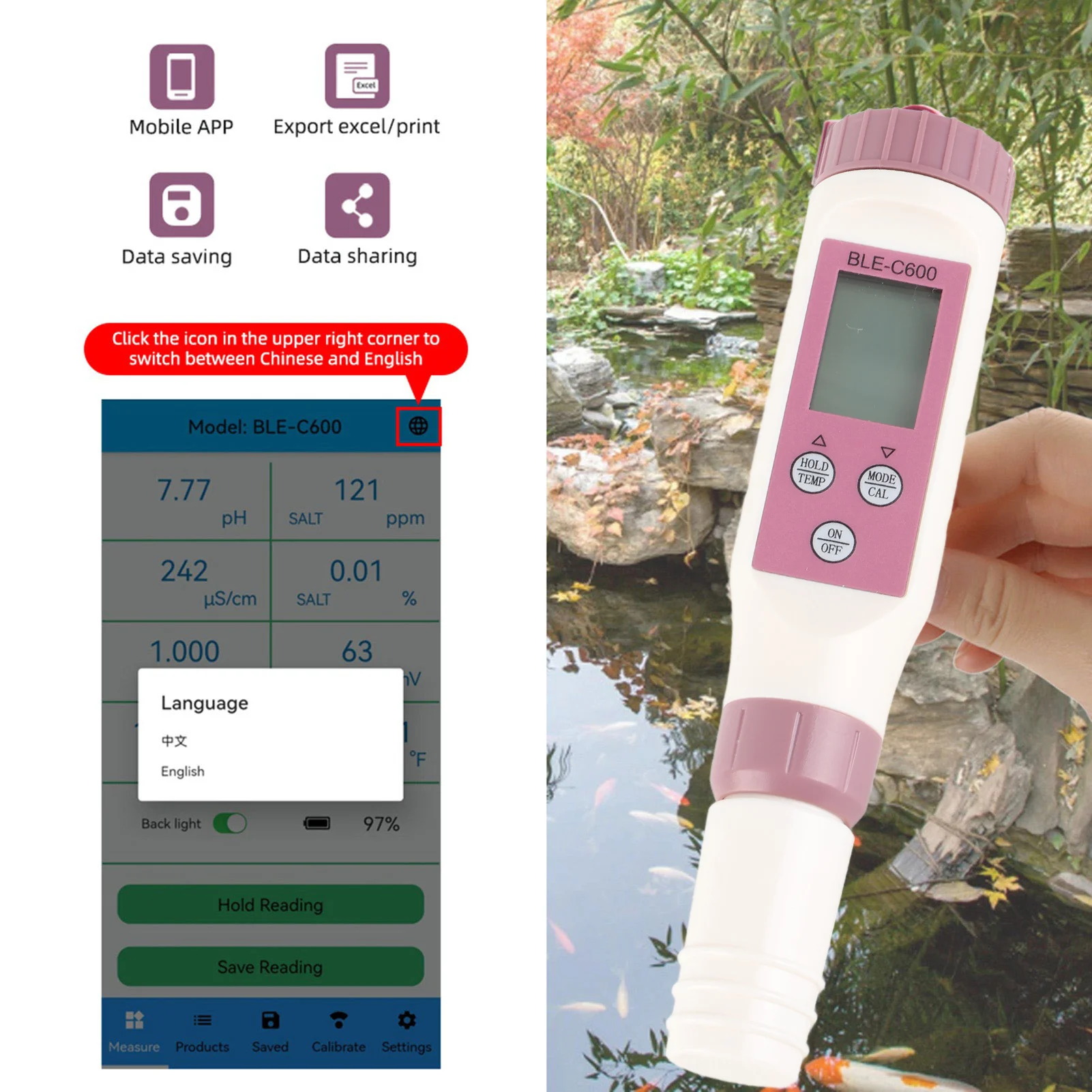 Testador de qualidade da água bluetooth caneta de detecção de qualidade da água fácil de ler sonda de alta sensibilidade para piscina para aquário
