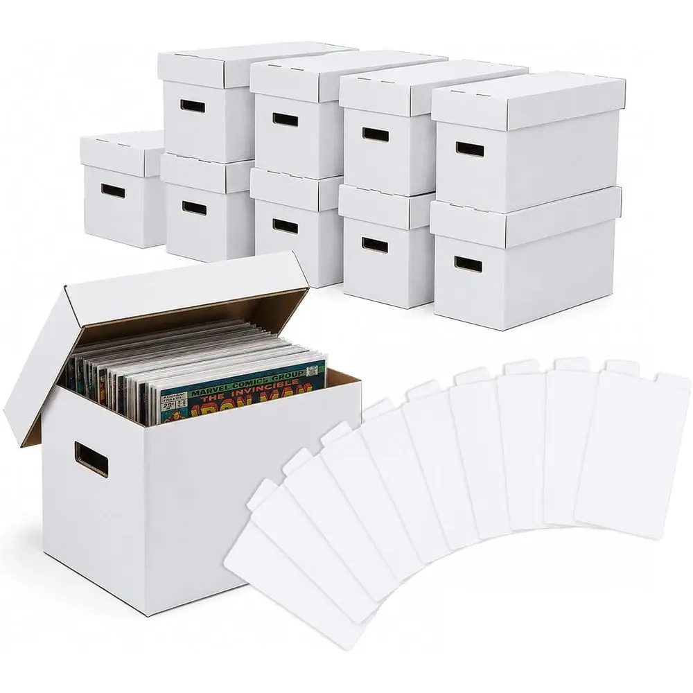 10 Pcs Comic Books Storage Boxes With Lids Short Holds 150-175 Stackable Durable Archive White Comic Book Storage
