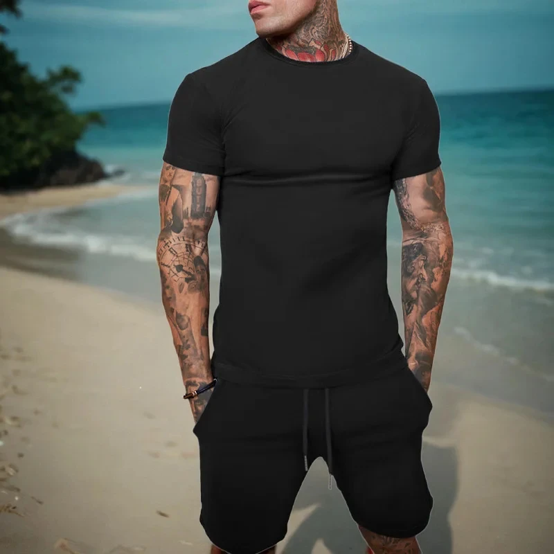 

Summer Men Quick Dry Casual Short Sleeve T-Shirt And Shorts Set City Street Fashion Running Sports 2-Piece Suit