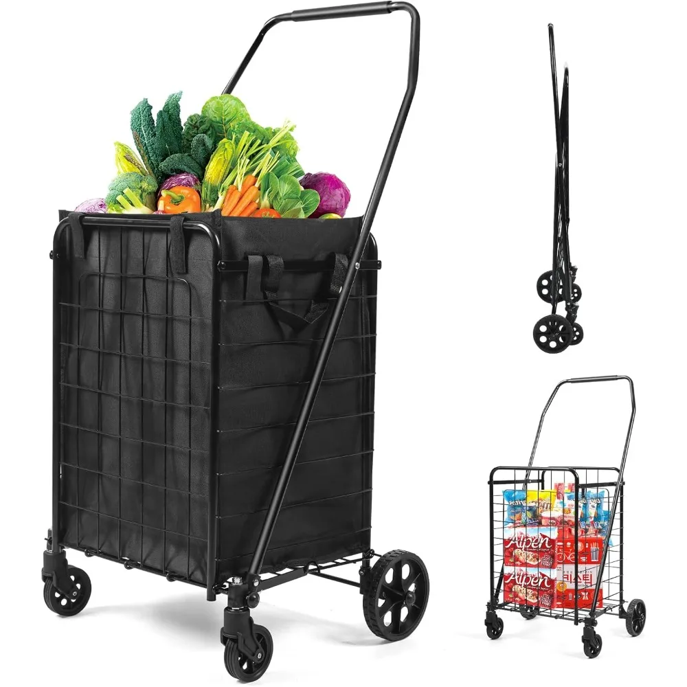 

Foldable Shopping Cart with Liner, Portable Utility Cart with Wheels for Grocery and Heavy Duty, 120lbs, Black