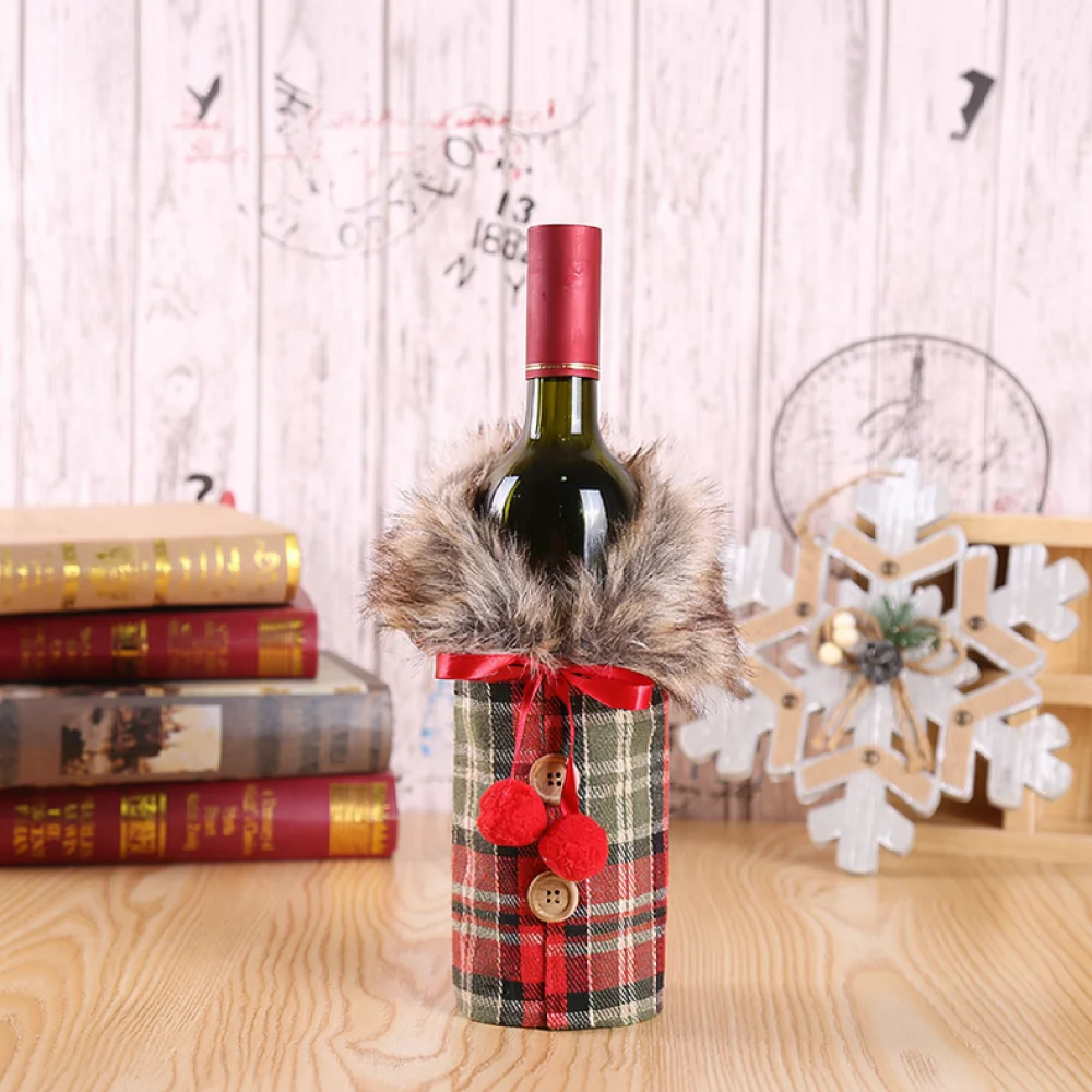 Xmas Wine Bottle Cover Linen Fabric Faux Fur Collar Bowknot Style Holiday Table Decor Creative Party Photo Props