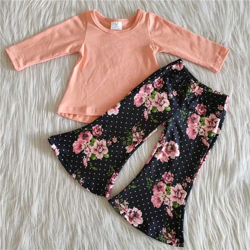 

2022 Daily Wearing New Design Pink Long Sleeve Shirt Black White Dots Flowers Pants Fashion High Quality Western Baby Girls