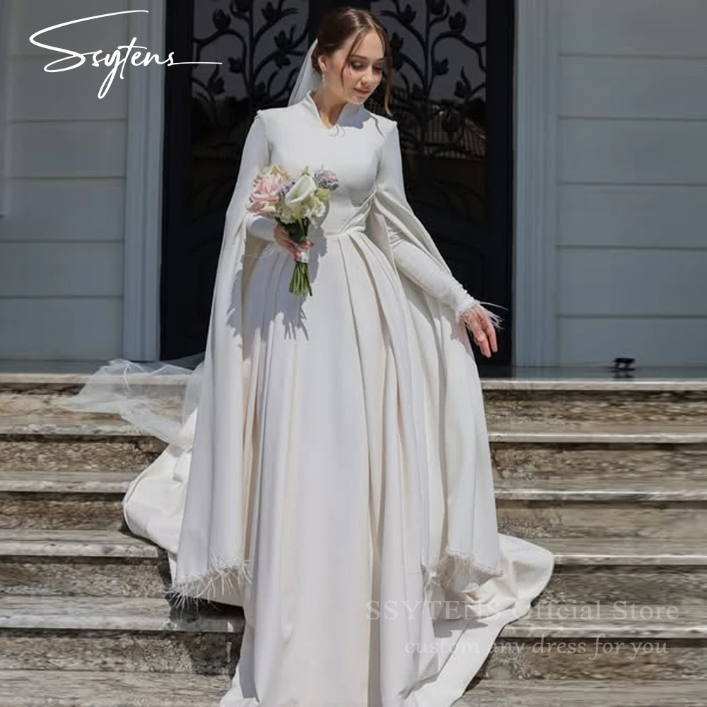 SSYTENS Ivory Dubai Muslim Wedding Dresses Customized Islamic Bridal Gowns Feather Beads Long Sleeves Bride Dress Robe De Mariée