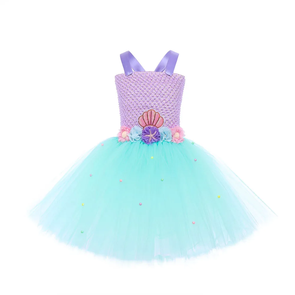 Girls Colorful Mermaid Sparkly Princess Shell Decoration Tutu Dress Summer Beach Theme Party Stage Performance Role Play Outfit