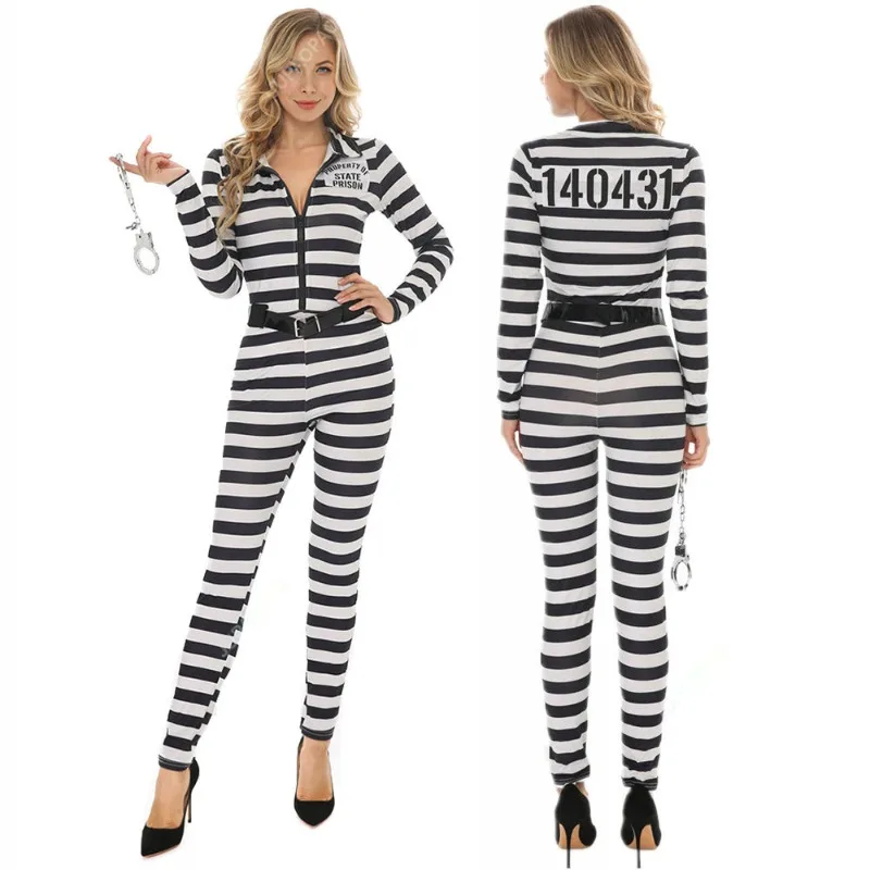 Halloween Women Prisoner Costume Escaped Prisoners Jumpsuit Striped Prison Inmate Cosplay Costumes Female Jail Criminal Dress Up