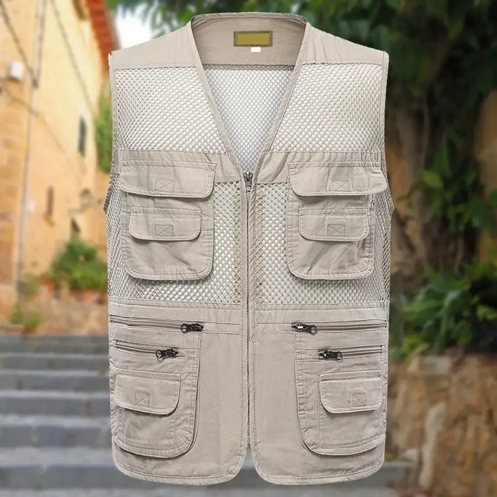 Multi Pockets Jacket Lightweight Mesh Outdoor Sports Vest for Summer Zipper Closure Waistcoat for Work Wear Camping Fishing Men