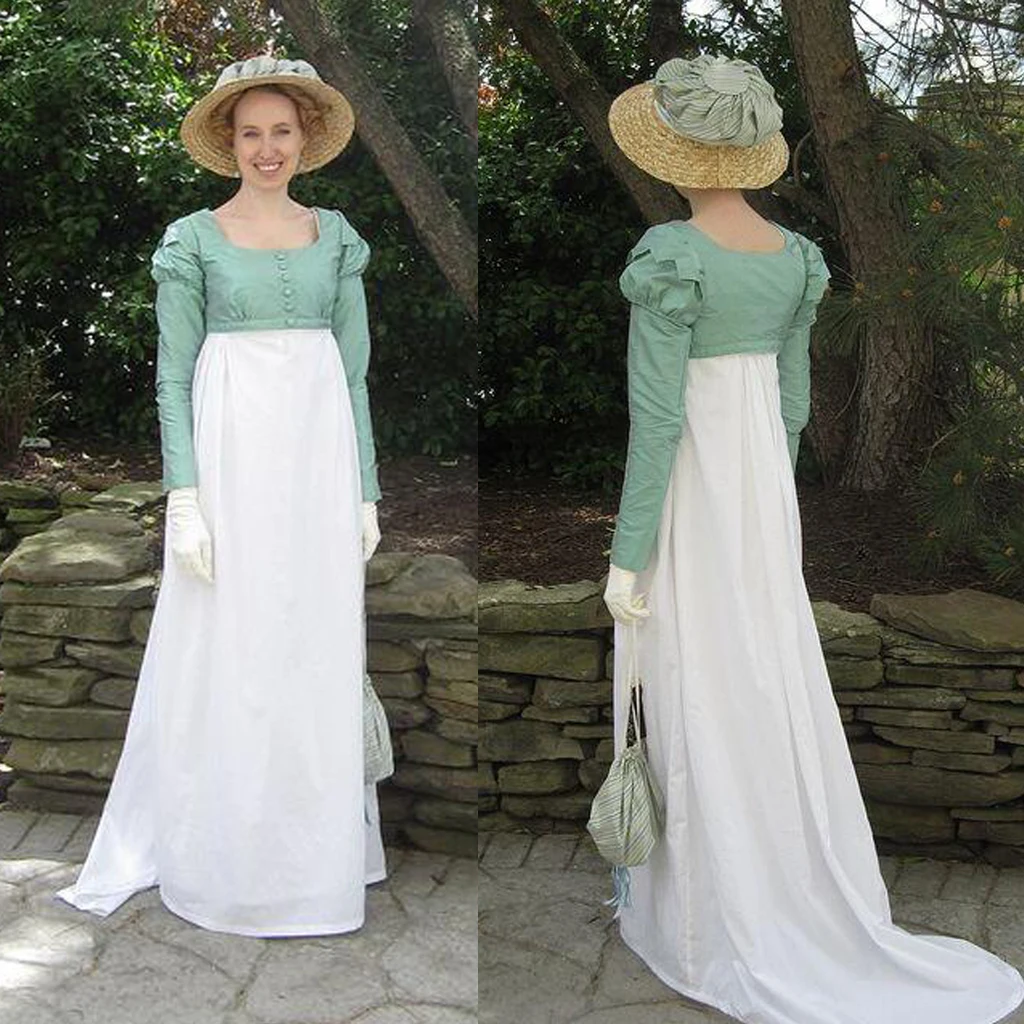 

1810s British Regency Era Jane Austen Dress Women Fancy High Waistline Jacket With Dress Two Piece Jane Austen Day Dress