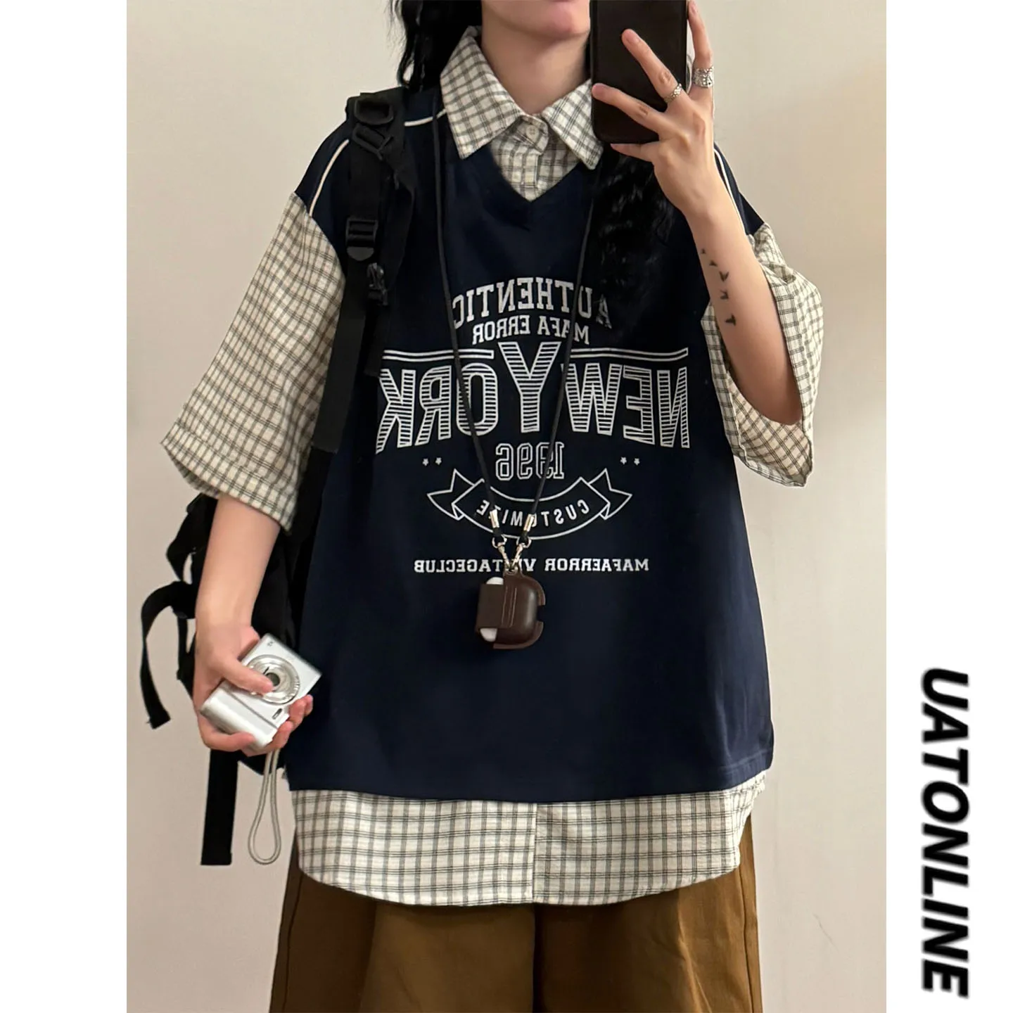 

UATONLINE2026 Летняя унисекс футболка с коротким рукавом в клетку, модный бренд, свободный крой, нейтральный стиль, повседневная, дышащая, комфортная