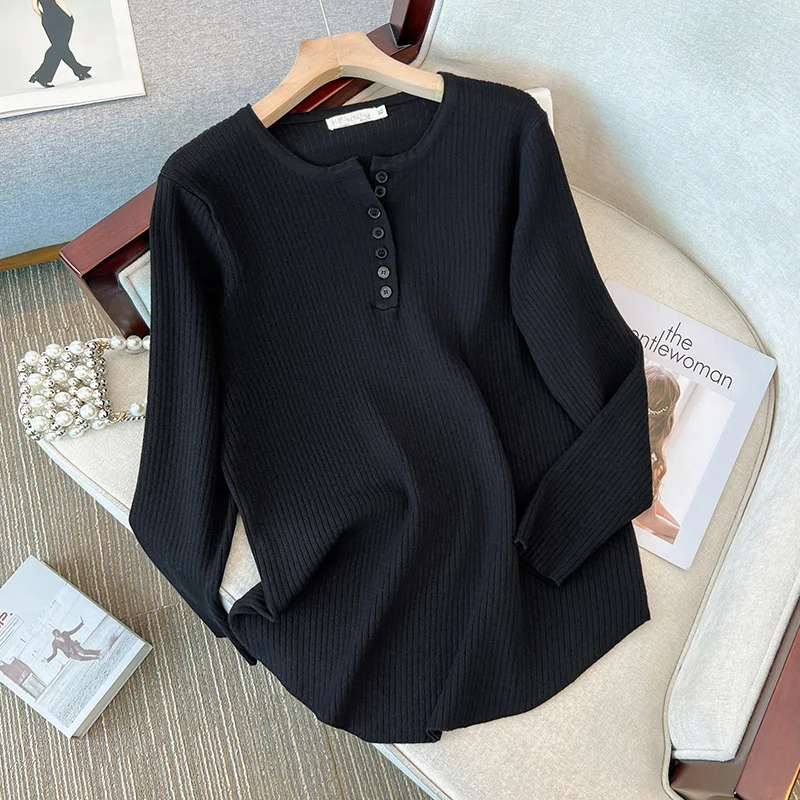 Plus Size Women\'s Bust 140 Autumn Long Sleeve Half Open Chest Sweater Bottom Knitted Top Black 4XL 5XL 6XL 7XL 8XL 135Kg