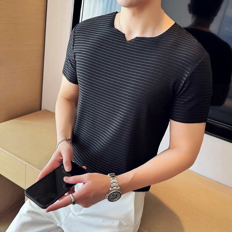 Thin Section Traceless Stretchable Short-Sleeved Sweater, Men's Hollow Horizontal Striped Short-Sleeved T-shirt, 2024 Summer