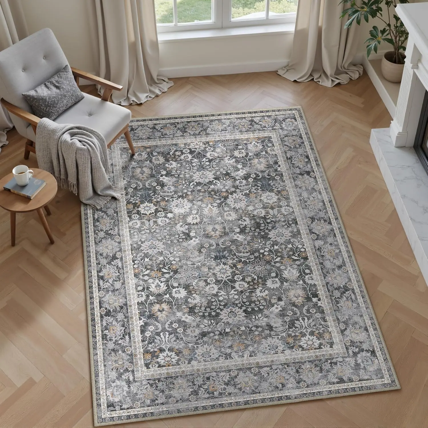 Machine Washable Rugs Black Grey Hallway Area Rug Indoor Accent Rug Floral Low Pile Carpet Soft Throw Rug Bedroom Living Room