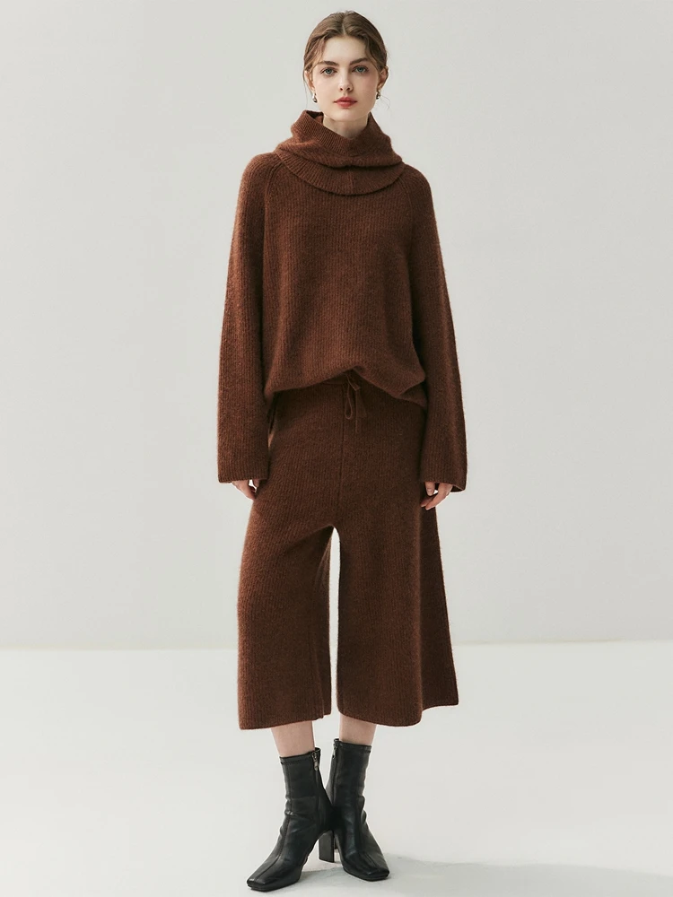 

Women 100% Cashmere Sweater Pullover Calf-Length Wide Leg Pants Scarf Sets Autumn Winter Loose O-neck Knitwear Soft Trousers Top