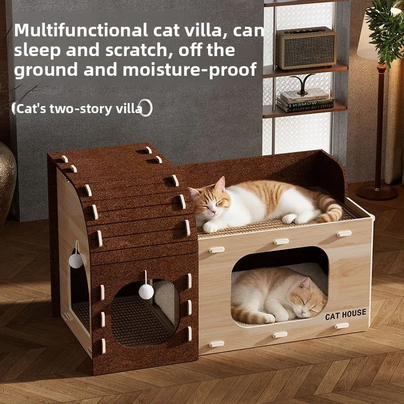 Felt Cat Cave House with Scratching Board Spacious Double Layer Multi-Hole Scratch Resistant Cat Villa