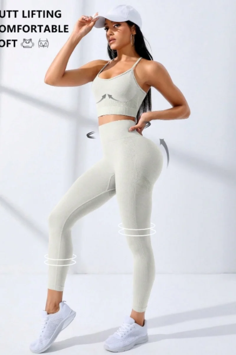 Nahtloses Yoga-Set für Damen, 2-teiliges Workout-Outfit, dehnbare Leggings und dünnen Trägern, Sport-BH, Fitnessbekleidung – Detail 11