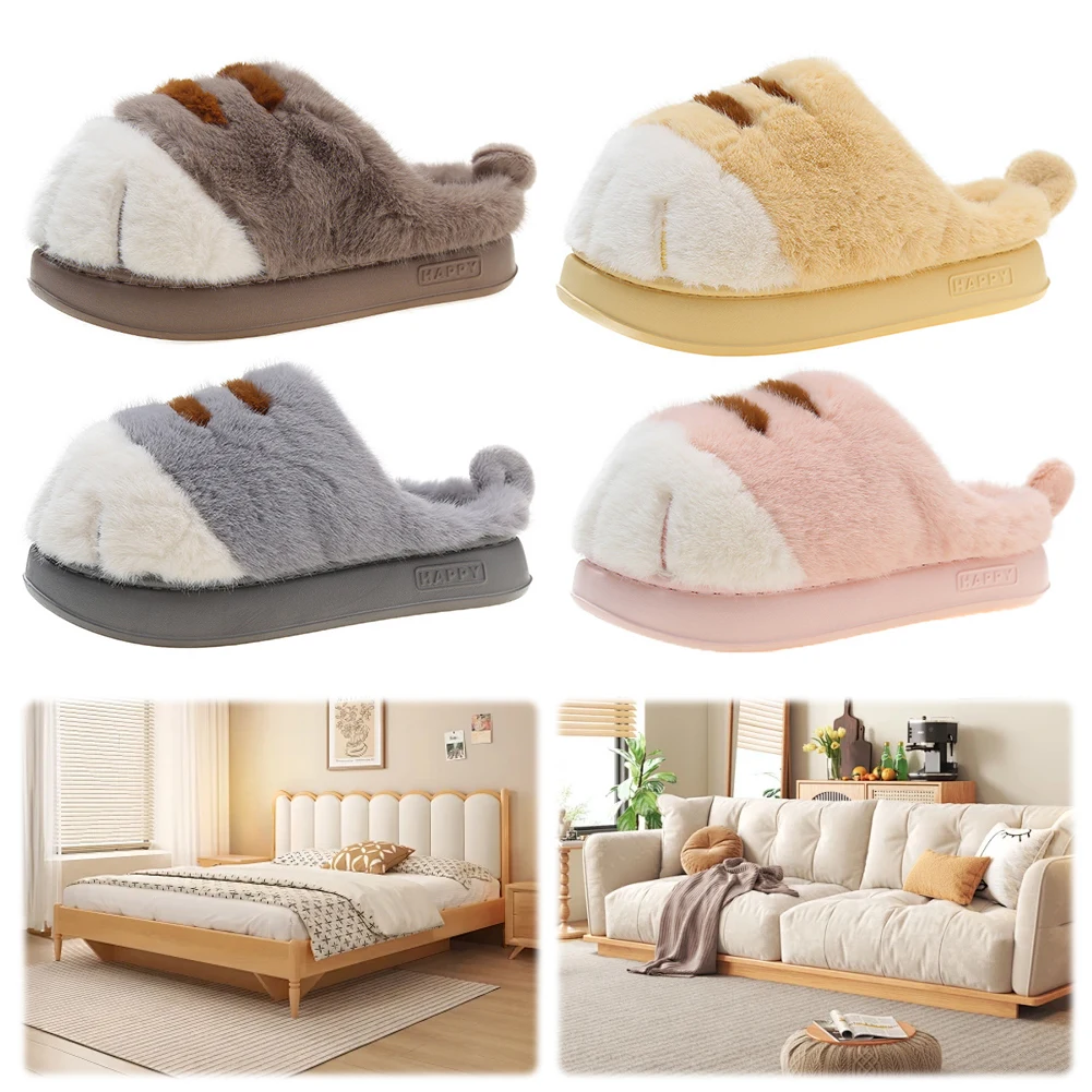 3D Cat Paw Plush Slippers Flat Thermal Slippers Comfortable Fluffy Home Slippers Furry Paw Couple Slippers for Indoor Bedroom