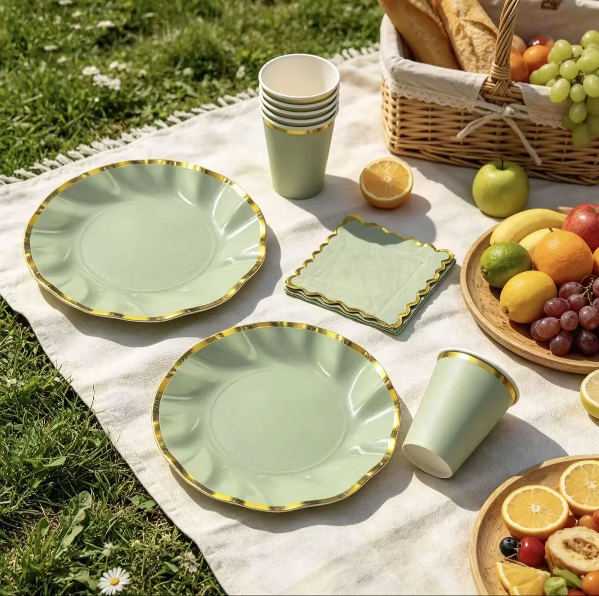 Green Gold Border Biodegradable Tableware Set Plates Cups Napkins Wedding Decoration Birthday Party Family Gathering Baby Shower
