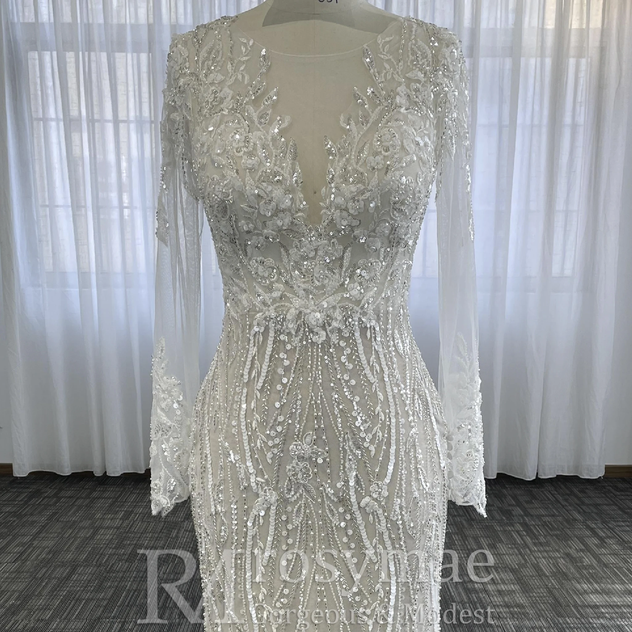 Rosymae-Meerjungfrau-Spitze-Langarm-Brautkleider, transparente Halskleider, Vestido de Novia Boda Civil