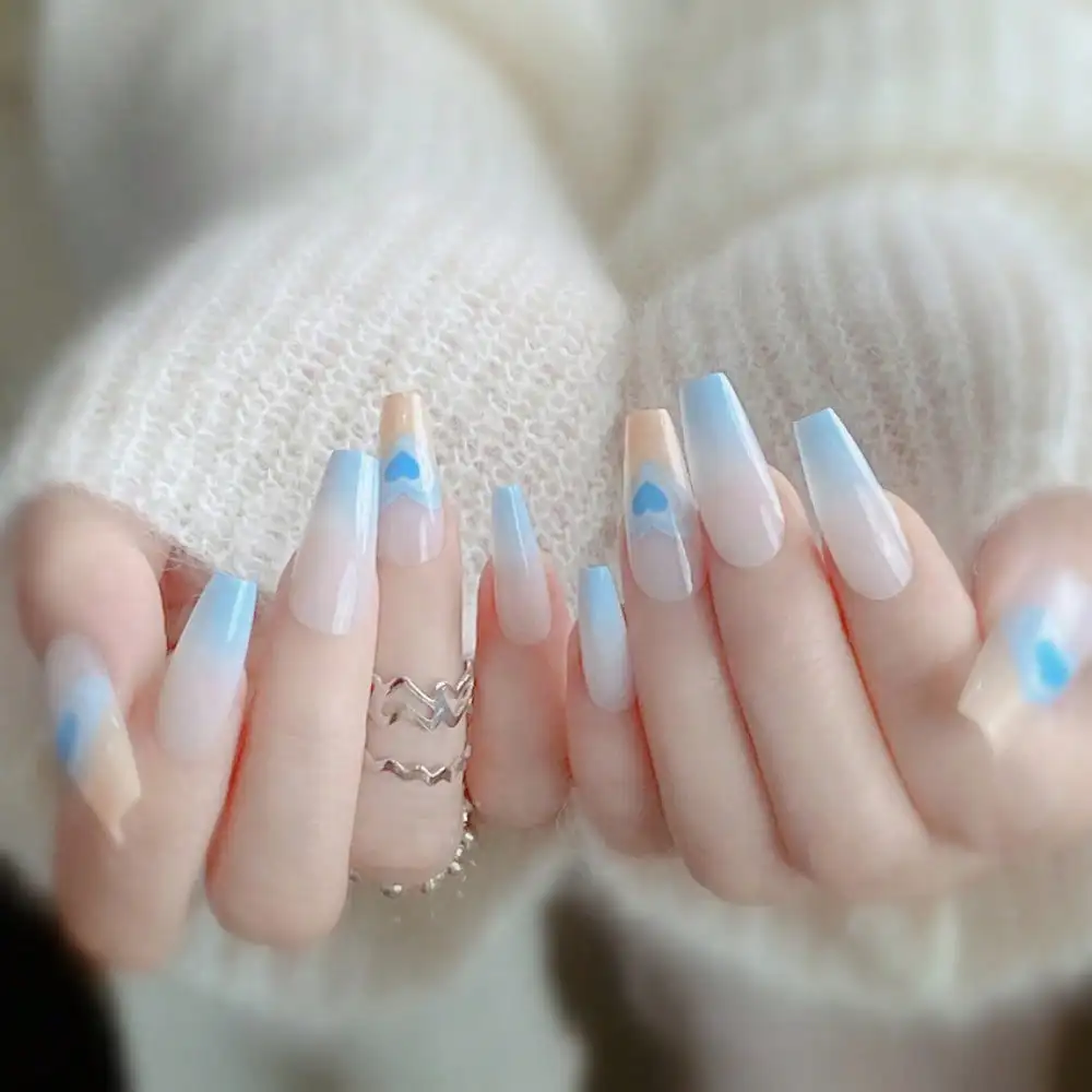 

Blue White Gradient Heart Press On Nails, Long Coffin Fake Nails, French Ombre Acrylic False Nails For Women