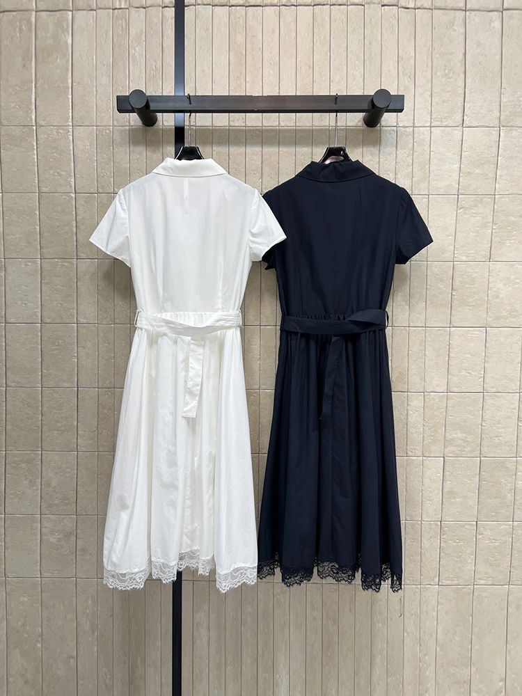 Spring Summer Fashion White Simplicity Cotton Elegant Shirt Midi Dress Women's Turn-down Collar Frill Trim Button Trim Hem Dress