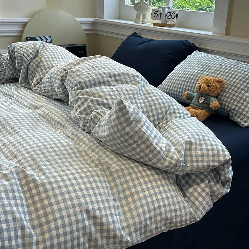 

2025 New Bedding Sets Korean Style Twin Full Queen Size Bed Sheet Set Plaid Printed Duvet Cover Set with Pillowcase Bed Linen