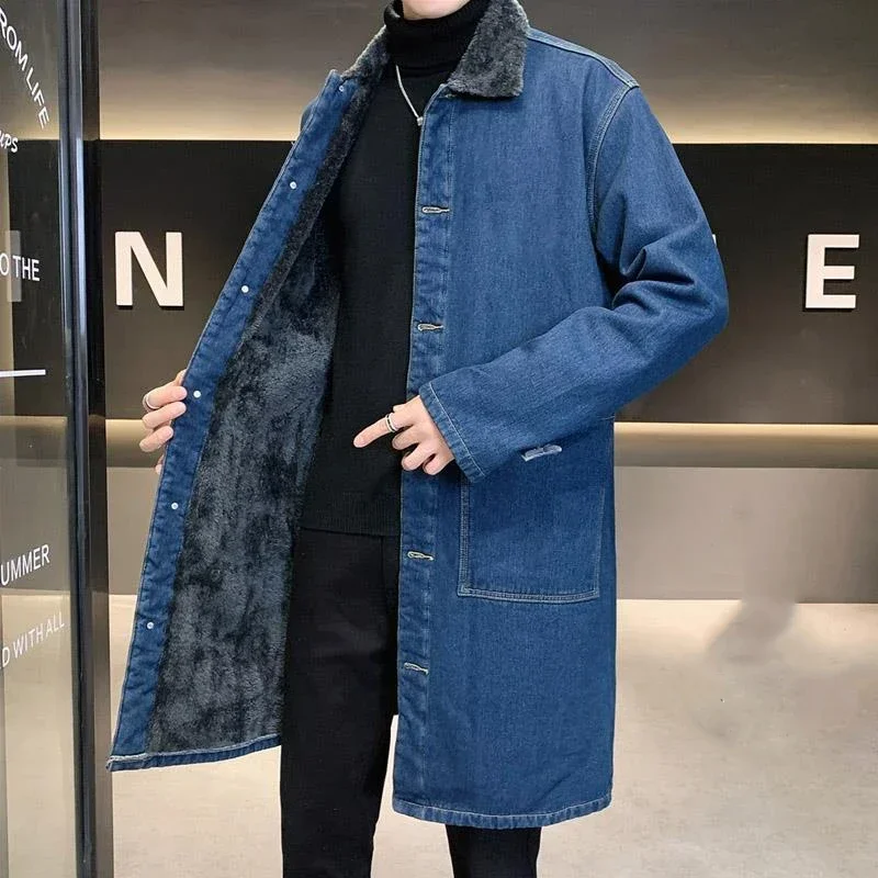 

Men's Mid-length Trench Coat Winter Thickened Fleece Loose Large Size Lamb Wool Turndown Collar Single Breasted Denim Jacket