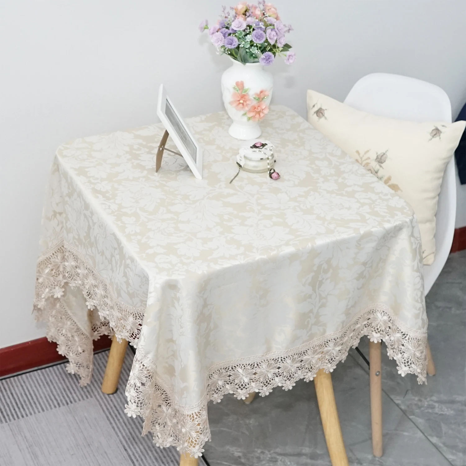 American Style 100x150cm Beige Color Embroidered Tablecloth For Home Hotel Wedding Party