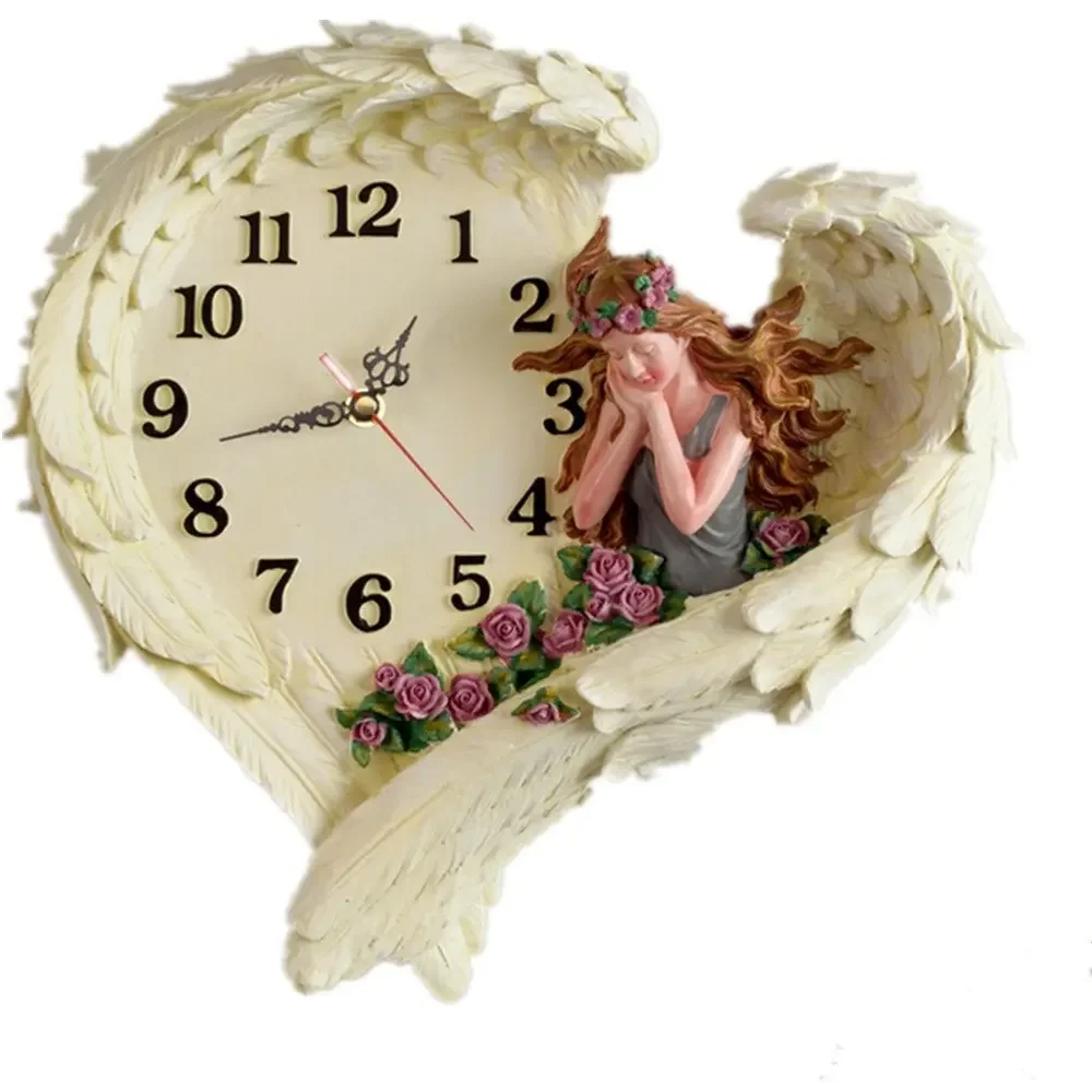 European Style Rural Silent L Size Rose Girl Angel Wall Clock Modern Interior Design 14 Inch