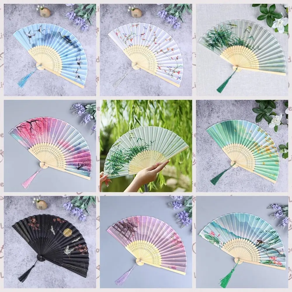 Portable No Deformation Folding Fan Bamboo Handle Handheld Props Fan Ancient Style Handmade Prom Decor