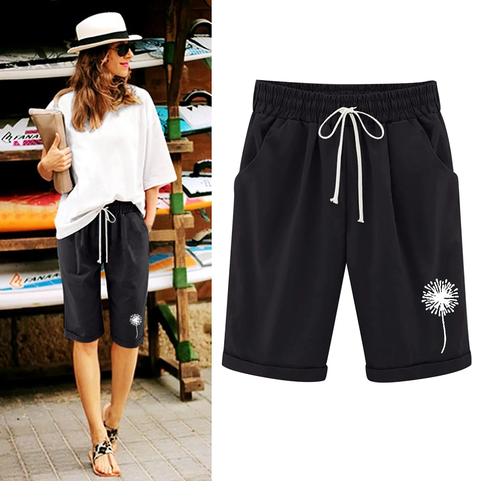 

Women'S Shorts Summer 2024 Thin Elastic Waist Tie Straight Sports Baggy Short Female Casual Five-Point Outdoor Simple Print Pant